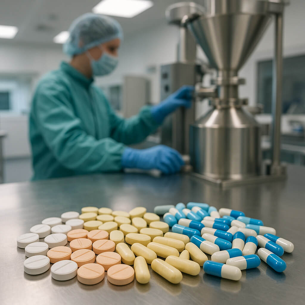 Pharmaceutical tablets and capsules being formulated in a sterile lab environment with HPMC used as an excipient.
