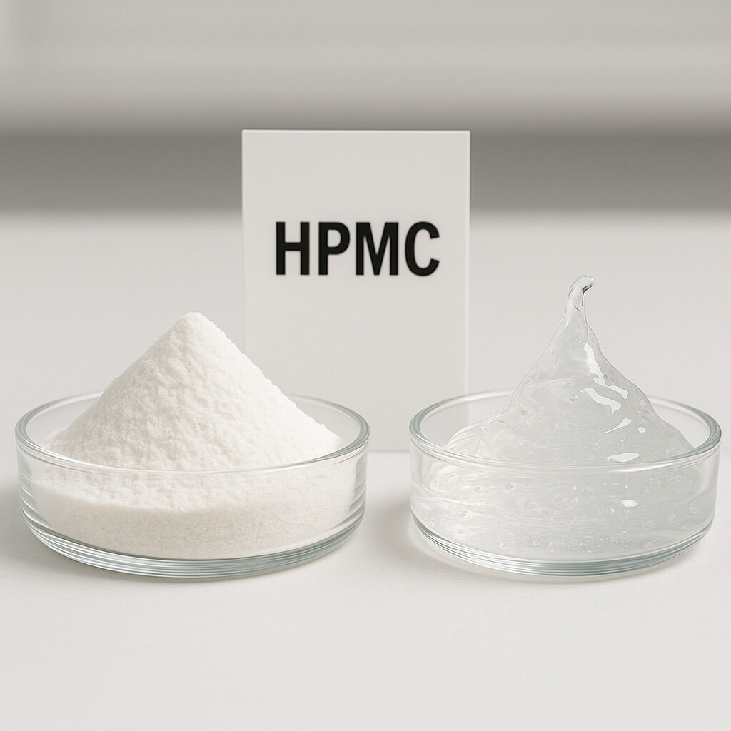 Close-up of HPMC powder and gel samples on a lab bench, highlighting texture and viscosity differences in a realistic test environment.