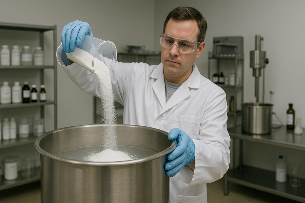 Lab technician pouring HPMC powder into a stainless steel mixing vessel filled with water, accurately showing the realistic hydration process in an industrial formulation room.