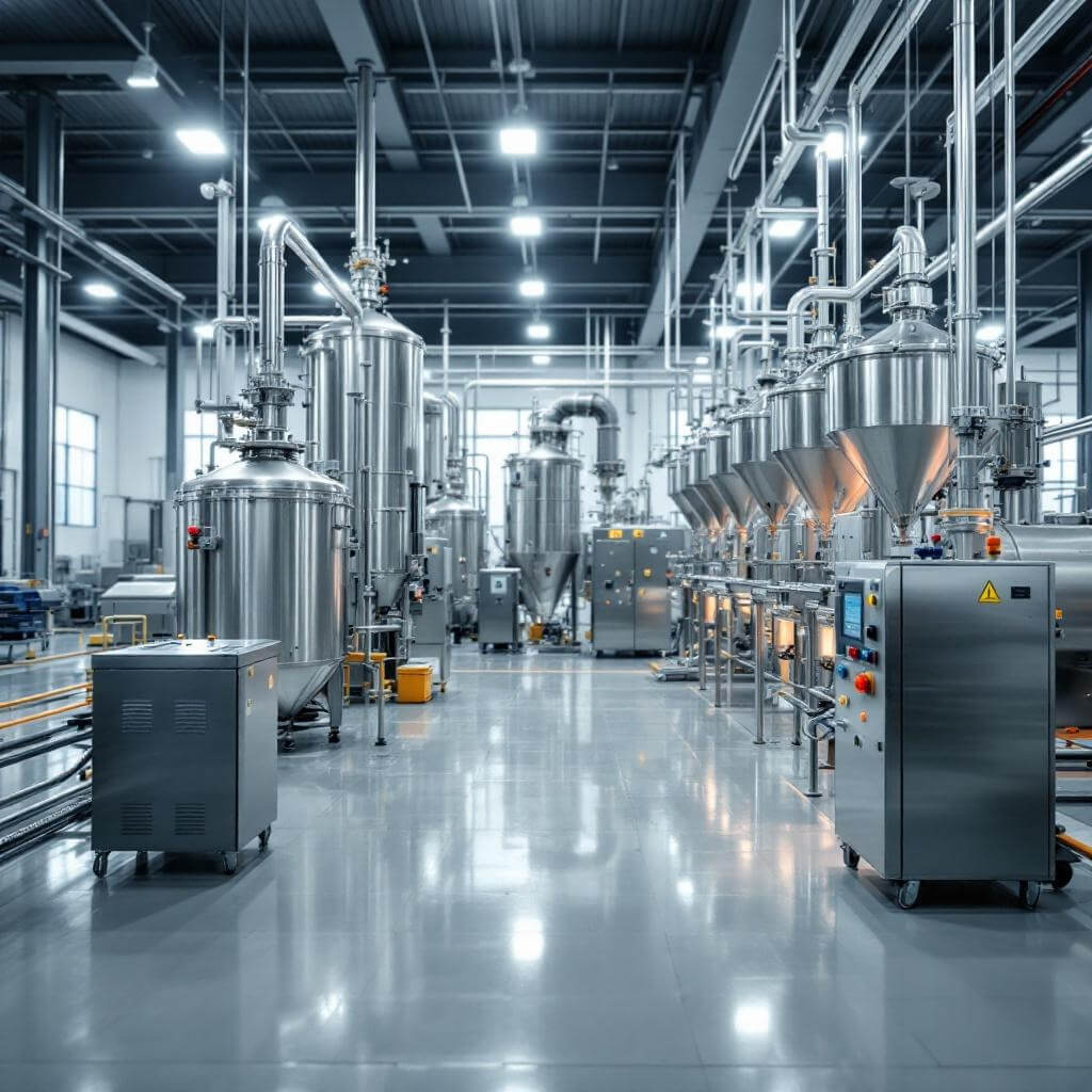 Close-up view of an automated HPMC production line inside a modern Chinese chemical factory, featuring stainless-steel reactors and industrial control panels.