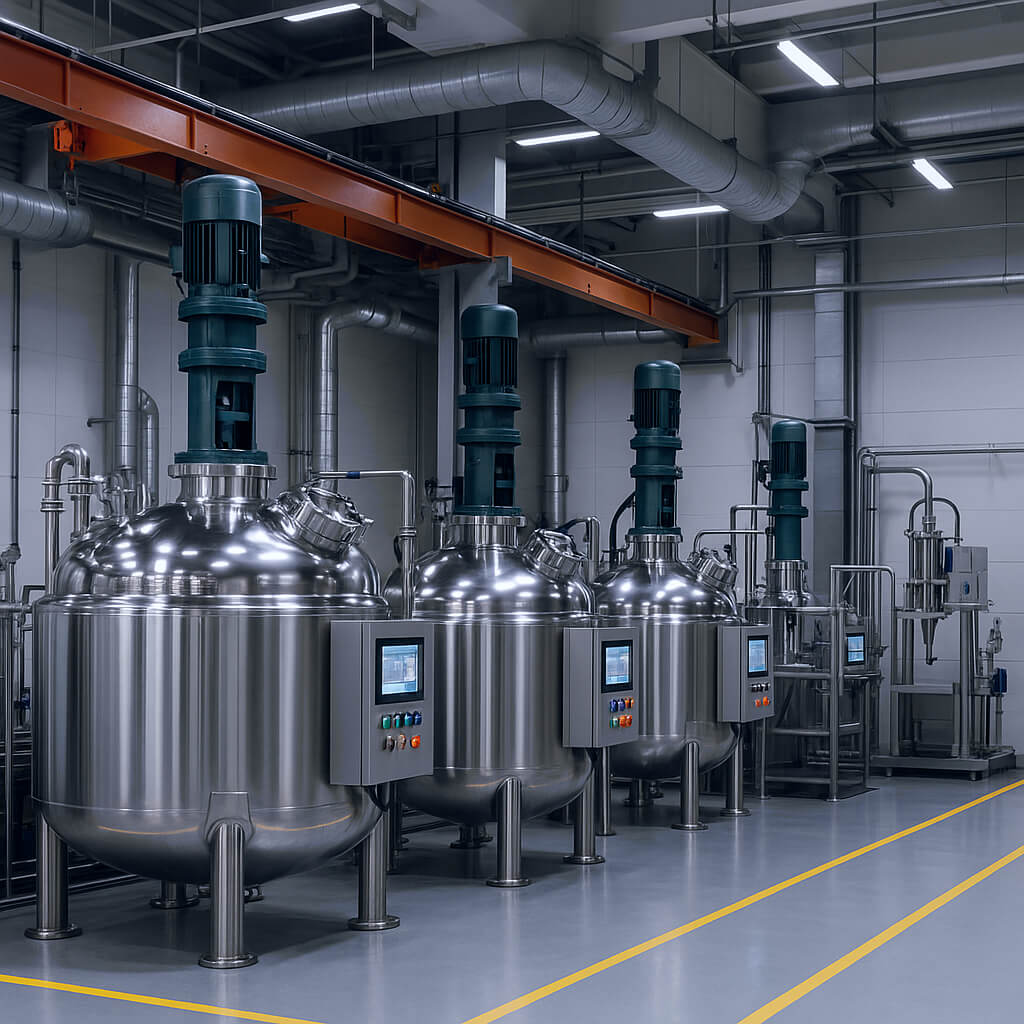 Square, high-resolution studio photograph of a modern Chinese HPMC production line, featuring stainless-steel reactors, automated control panels, and a clean factory layout with clear safety markings. No workers or logos present.