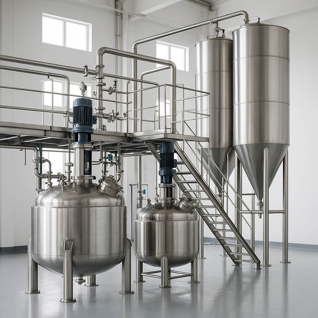 Ligne de production d'hydroxypropylméthylcellulose à l'intérieur d'une usine chinoise moderne montrant des réacteurs en acier inoxydable, un technicien en EPI et une tuyauterie industrielle dans des conditions propres et contrôlées.