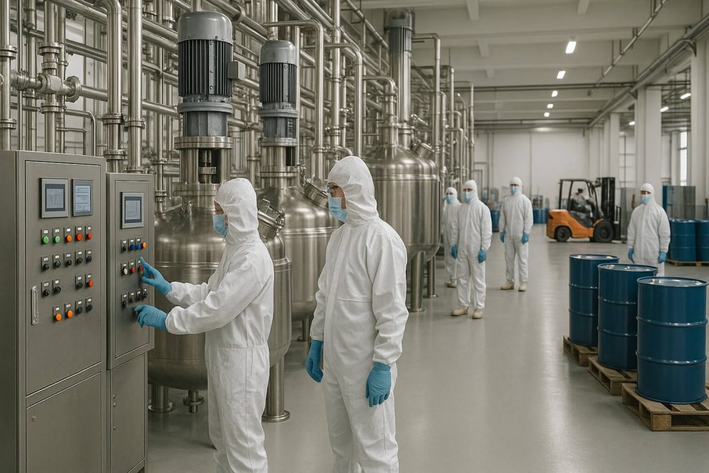 HPMC plant workers in full PPE operating reactor control systems in a Chinese cellulose ether factory, with forklifts and drums in a clean industrial setting.