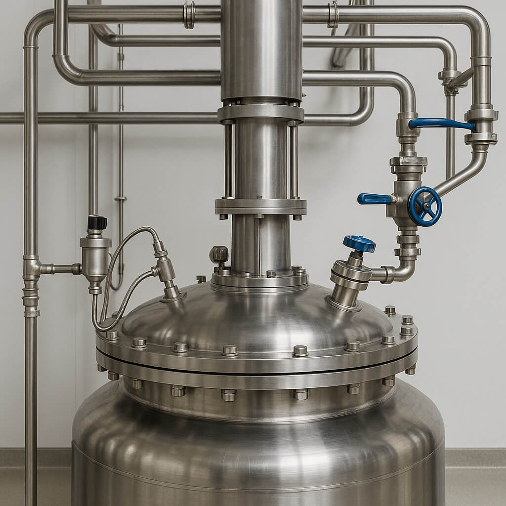 Stainless-steel industrial reactor for HPMC mixing in a chemical processing plant, showing temperature control features and production piping