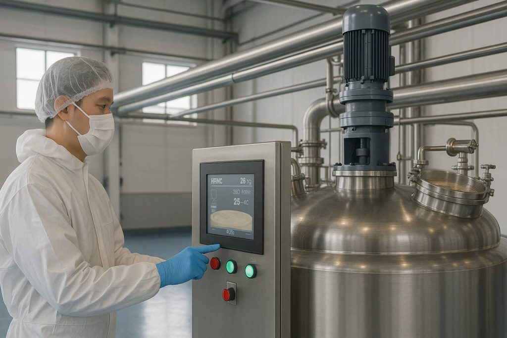 Wide-angle view of a Chinese technician operating a stainless-steel reactor during HPMC mixing, illustrating uniform viscosity at 25 °C and 300 RPM under real factory conditions.