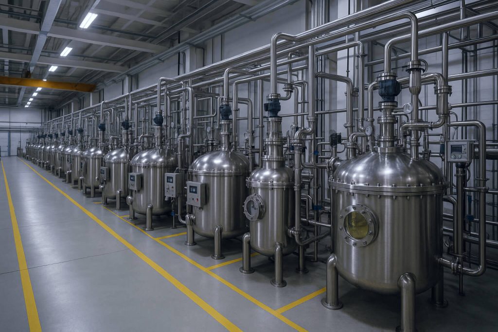 Wide-angle realistic photo of the interior of a Chinese HPMC manufacturing facility, showing a row of stainless-steel reactors, visible piping, gauges, and control panels in a clean, well-lit production area. No people or branding; transparent inspection ports reveal HPMC solution mixing inside.