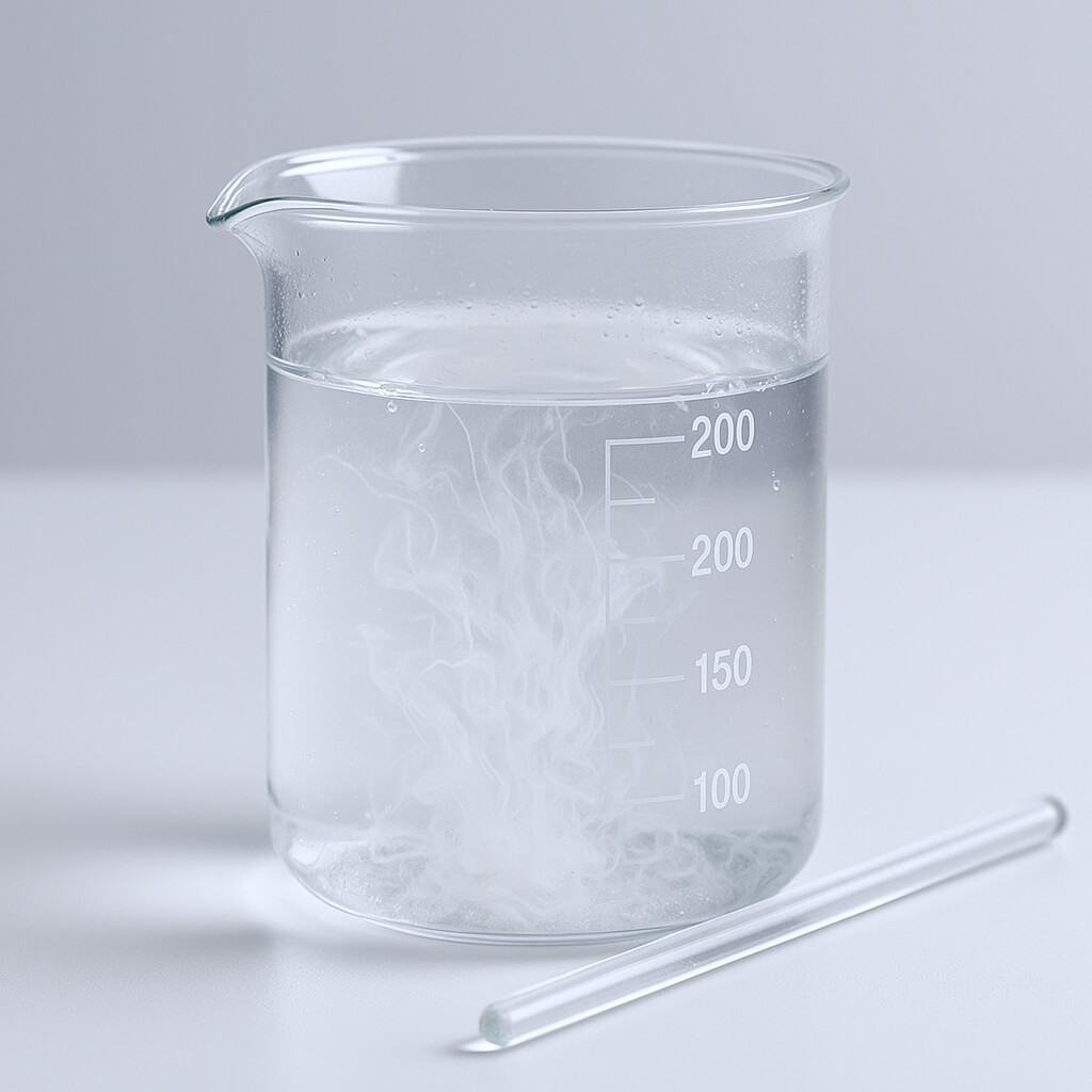 Studio photograph of a glass beaker with hydroxypropyl methylcellulose (HPMC) powder dispersing in water on a laboratory countertop, with a glass stirring rod, neutral background, photorealistic detail.