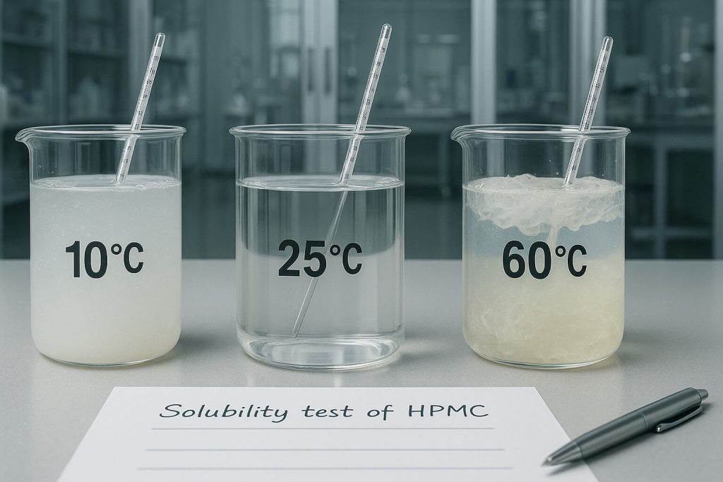 Three lab beakers displaying the solubility behavior of HPMC at different temperatures, highlighting physical changes in a controlled laboratory setting.