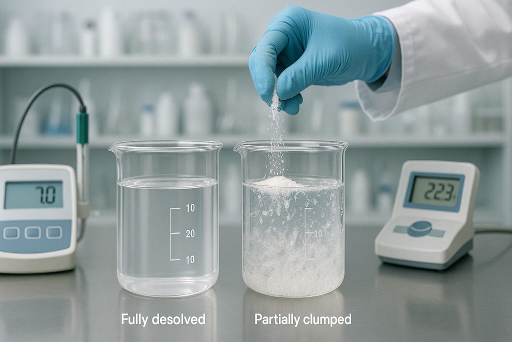 Side-by-side experiment of Hydroxypropyl Methylcellulose solubility, showing one beaker with fully dissolved HPMC and another with visible clumping, in a professional laboratory setup.
