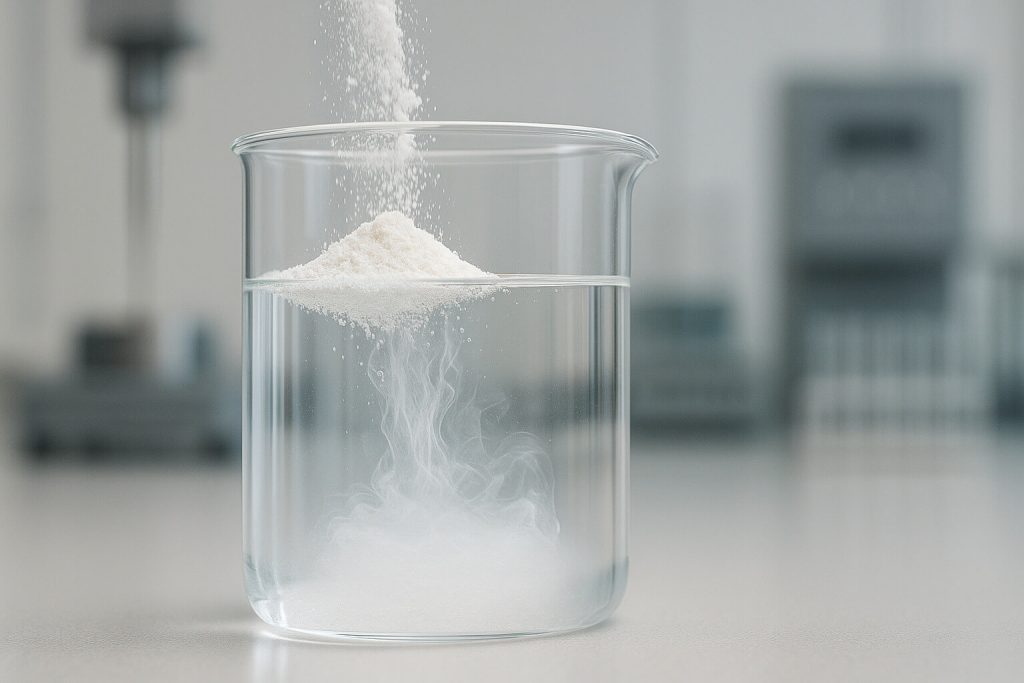Photorealistic image of HPMC powder dissolving in water inside a transparent beaker, clearly displaying the material's hydration and gelation behavior under lab conditions. Ideal for illustrating functional characteristics of HPMC.