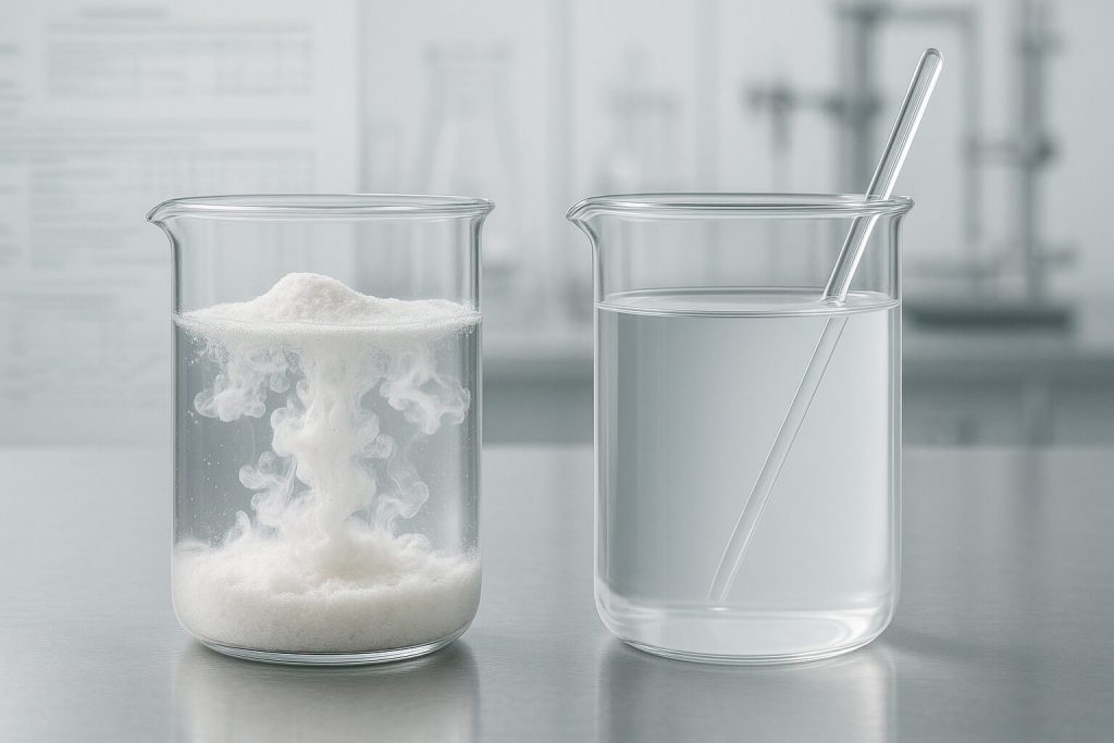 Photorealistic comparison of HPMC powder dispersing in water versus fully dissolved solution, highlighting solubility and performance behavior.