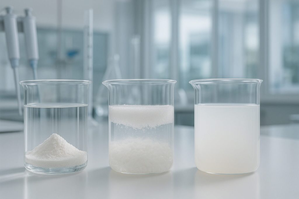 Laboratory demonstration of HPMC solubility and dispersion behavior in beakers, showing powder floating, gel formation, and fully dissolved thickened solution under controlled conditions.