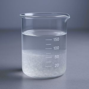 صورة استوديو مقربة لكأس معمل شفاف يحتوي على الماء ومسحوق HPMC المذاب جزئيًا على سطح طاولة رمادي محايد، تُظهر سلوك الذوبان الحقيقي في بيئة خاضعة للرقابة.