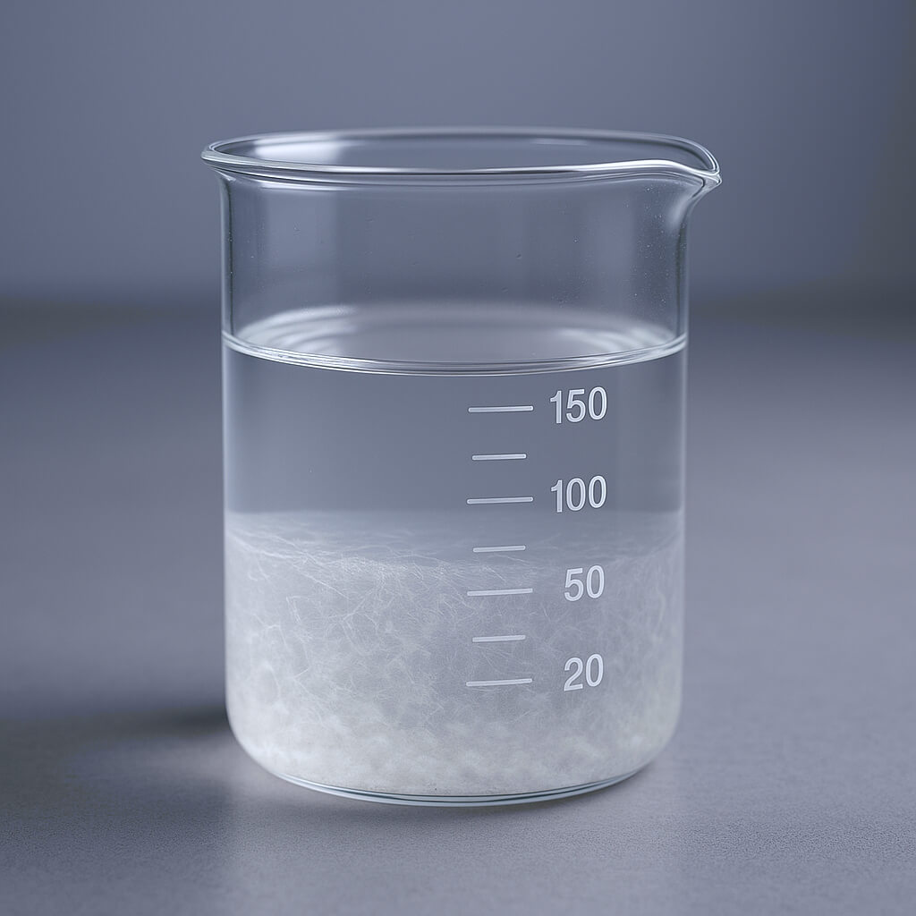 Close-up studio photograph of a clear laboratory beaker containing water and partially dissolved HPMC powder on a neutral gray benchtop, showing real solubility behavior in a controlled environment.