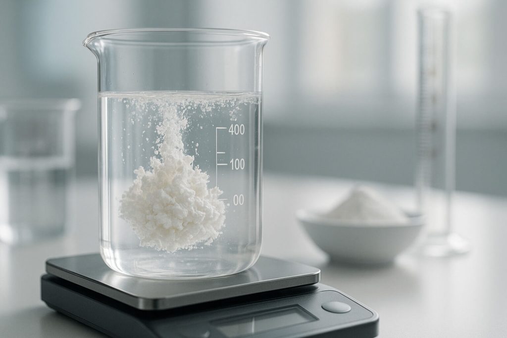 Close-up of Hydroxypropyl Methylcellulose (HPMC) powder dispersing in water in a laboratory beaker, showing solubility and gelling behavior.