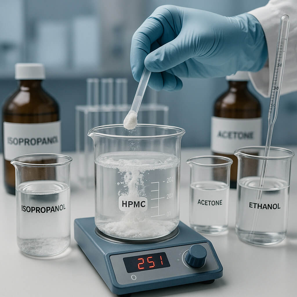 Close-up view of HPMC powder being tested for solubility in various organic solvents in a clean laboratory setting, featuring beakers, pipettes, and a digital stirrer.