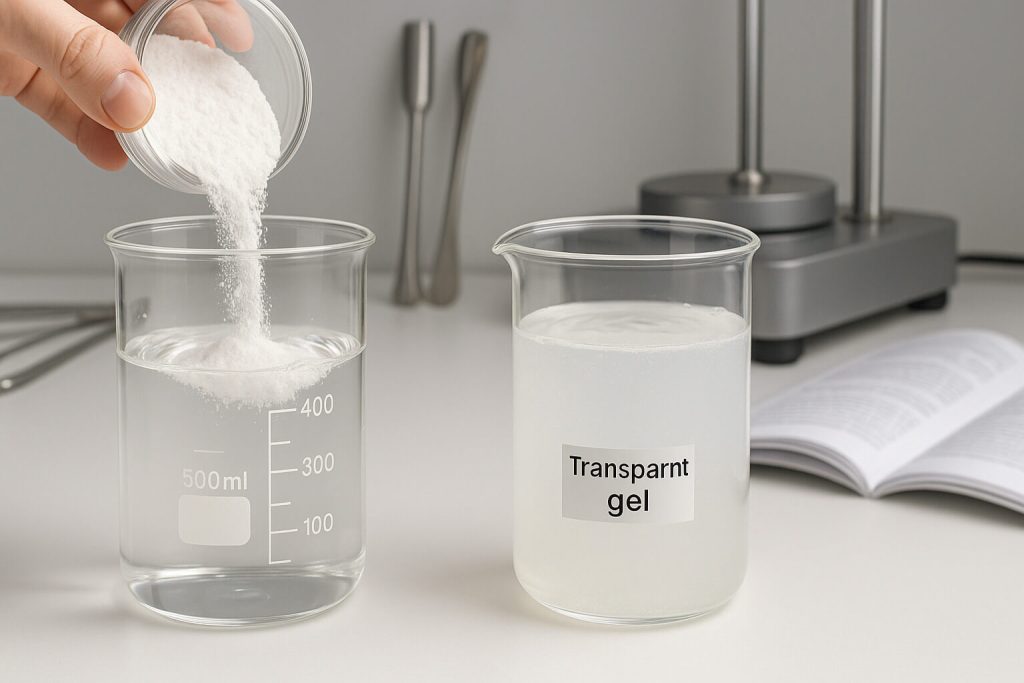 Photorealistic laboratory scene showing HPMC powder being dispersed in water, demonstrating solubility and gel formation under controlled conditions with lab instruments nearby.