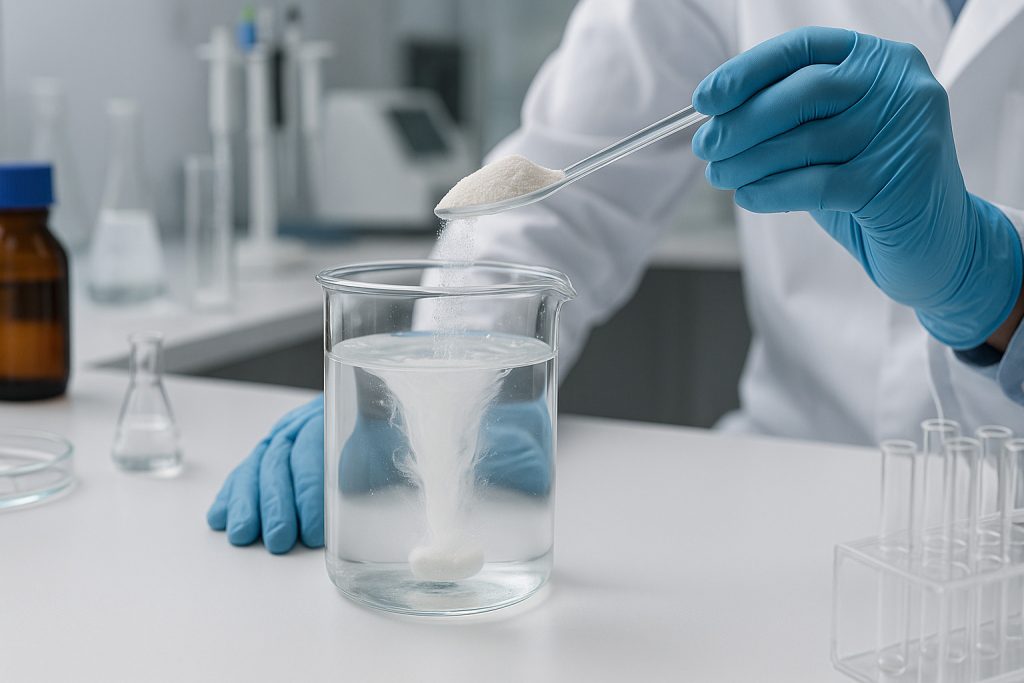 Highly realistic laboratory setup showing HPMC powder dispersing in water inside a beaker, with a magnetic stirrer forming a vortex. Represents the solubility and thickening behavior of HPMC in real application conditions.