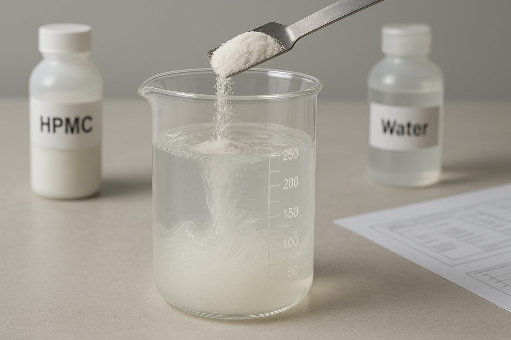 Photorealistic lab scene showing HPMC powder dispersing in water, illustrating its solubility and viscosity-enhancing function in cement applications.