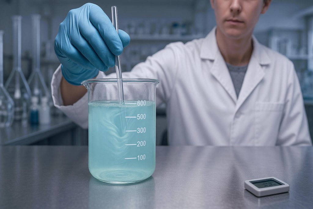 Lab technician stirring a 2% HPMC solution in a beaker to demonstrate uniform dispersion and stable viscosity at room temperature, using scientific glassware on a sterile lab bench.