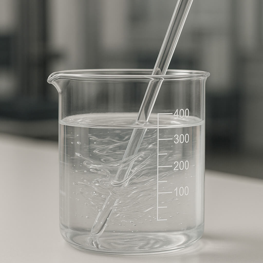 Clear HPMC solution being stirred in a glass beaker on a laboratory bench, showing uniform gel consistency under neutral lighting.