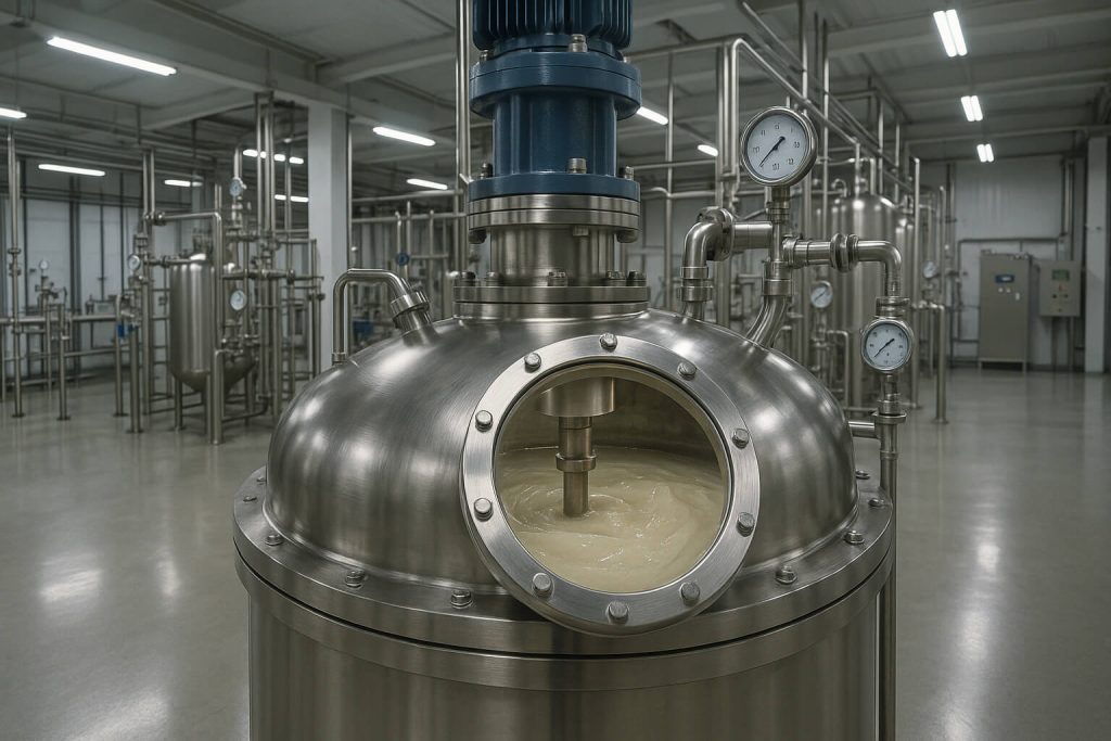 High-viscosity HPMC solution being mixed inside a stainless steel industrial reactor at a modern Chinese manufacturing facility. The liquid's thick flow and structural resistance are visible through a transparent viewing port.