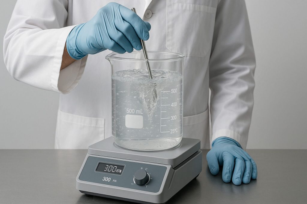 Scientist stirring HPMC solution in a glass beaker using a magnetic stirrer at 300 RPM, showing the thickening effect and uniform dispersion at room temperature in a realistic lab setting.