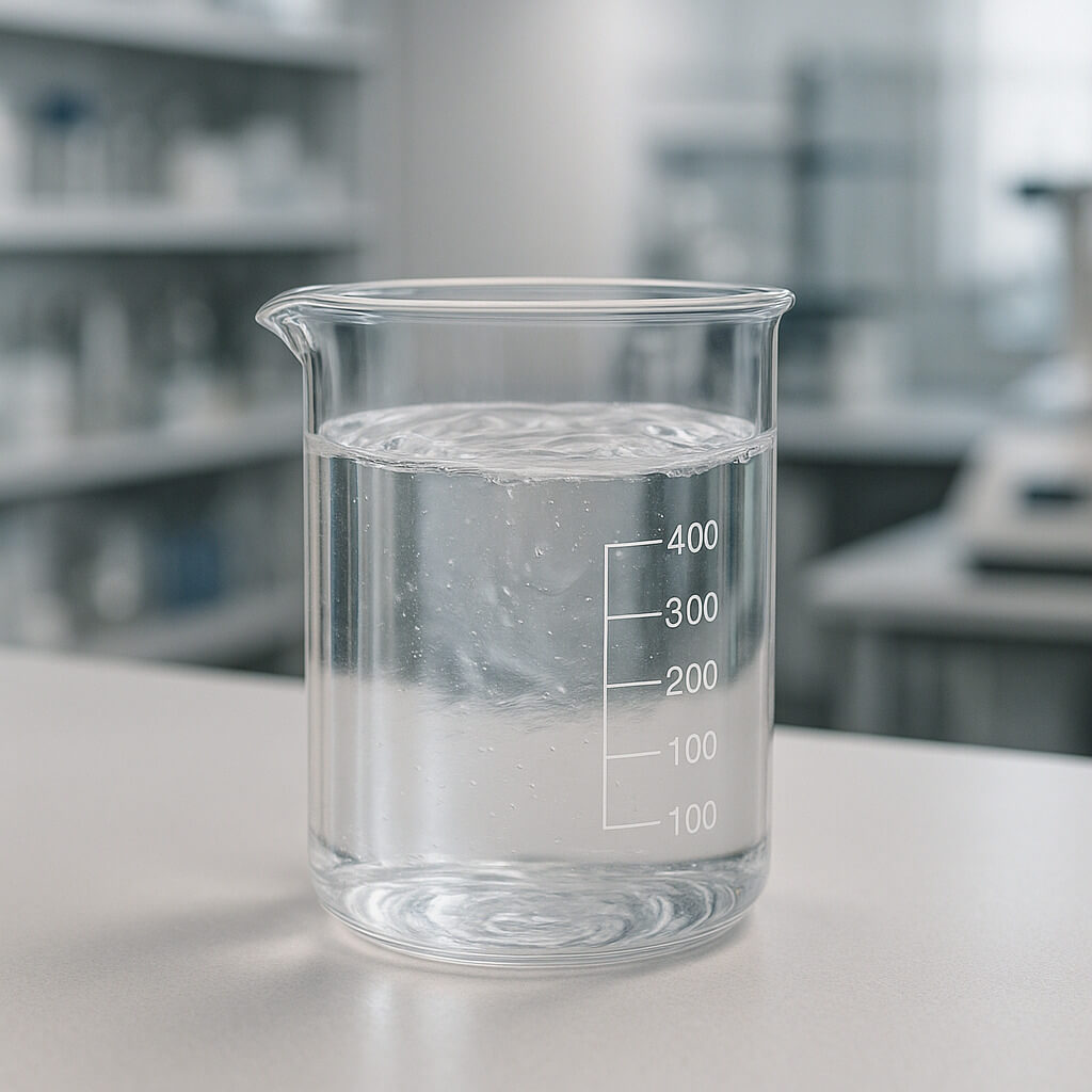 Close-up of a medium-viscosity HPMC solution in a transparent beaker on a lab workbench, showing its clear and gel-like appearance.
