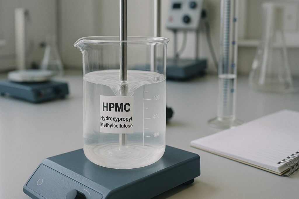 Photorealistic lab setup with HPMC solution in a beaker undergoing viscosity testing with a stirrer, demonstrating its rheological behavior.