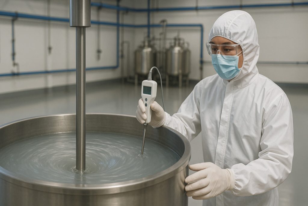 Industrial HPMC solution inside an open-top tank showing vortex formation, with technician using a viscometer in a clean Chinese factory setting.