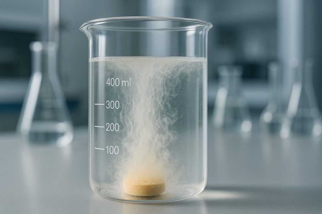 Photorealistic view of a tablet dissolving in liquid, illustrating HPMC’s controlled drug release function in pharmaceutical production.