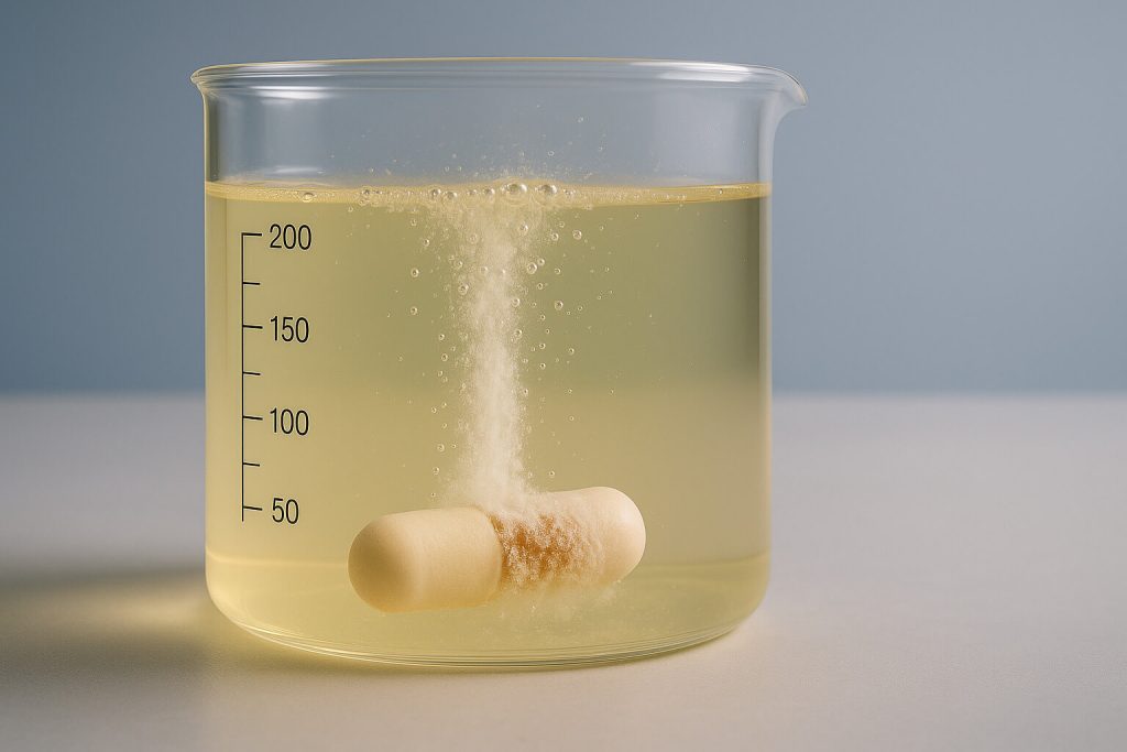 Wide-angle lab scene showing an HPMC-coated tablet dissolving in gastric fluid inside a beaker at 37°C, illustrating controlled-release behavior with partial outer layer breakdown.
