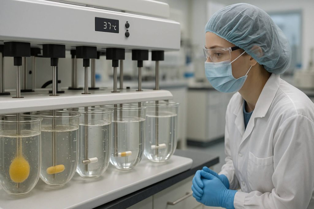 Técnico de laboratorio farmacéutico observando tabletas de HPMC K4M y K100M en disolución a 37 °C en recipientes USP, lo que ilustra su comportamiento de hinchamiento y la tasa de liberación del fármaco en un entorno de laboratorio real.