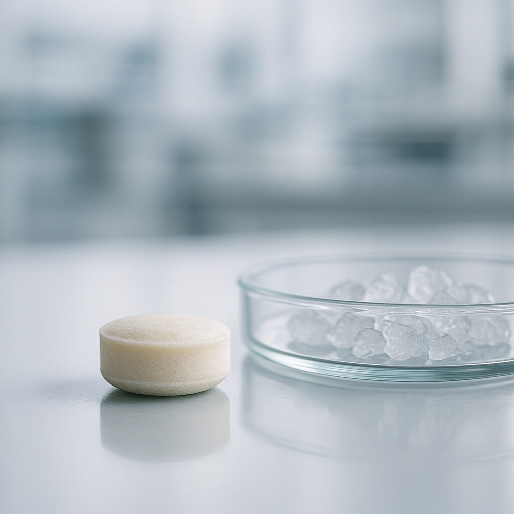 Nahaufnahme einer einzelnen HPMC-Tablette, die die anfängliche Bildung einer Gelschicht auf der Oberfläche zeigt, fotografiert in einem pharmazeutischen Labor unter kontrollierter Beleuchtung.