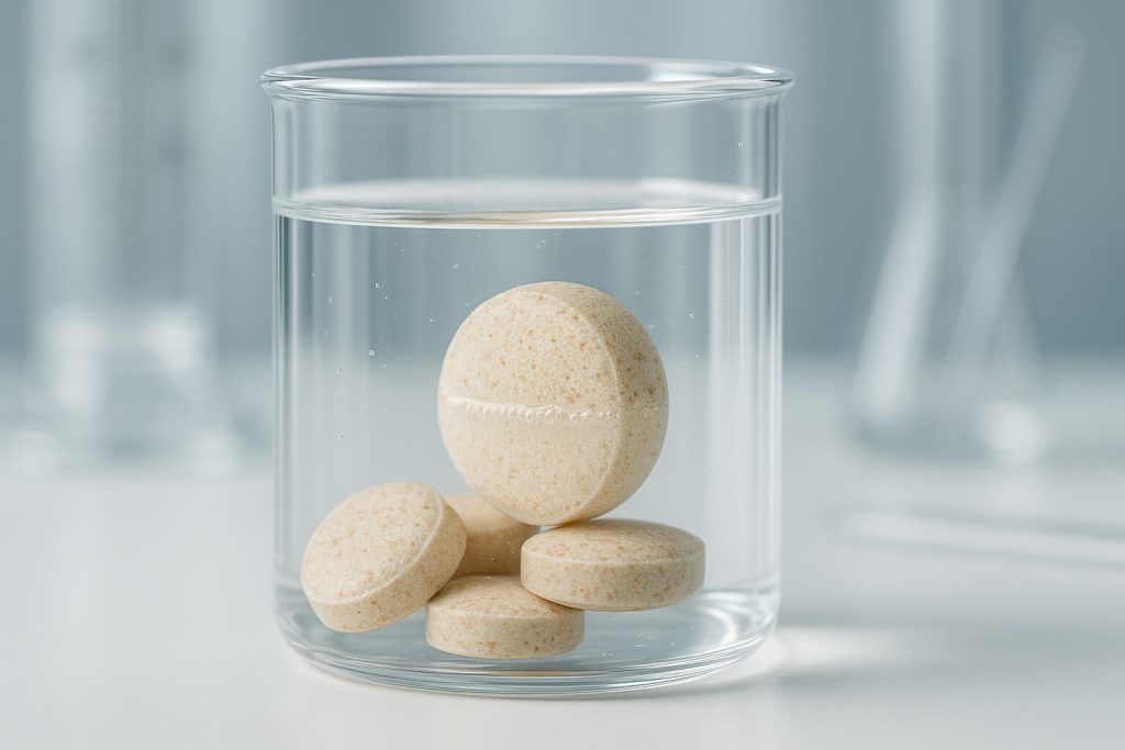 Close-up of a pharmaceutical tablet forming a gel layer in clear liquid, demonstrating HPMC’s hydration and controlled-release properties in a laboratory setting.