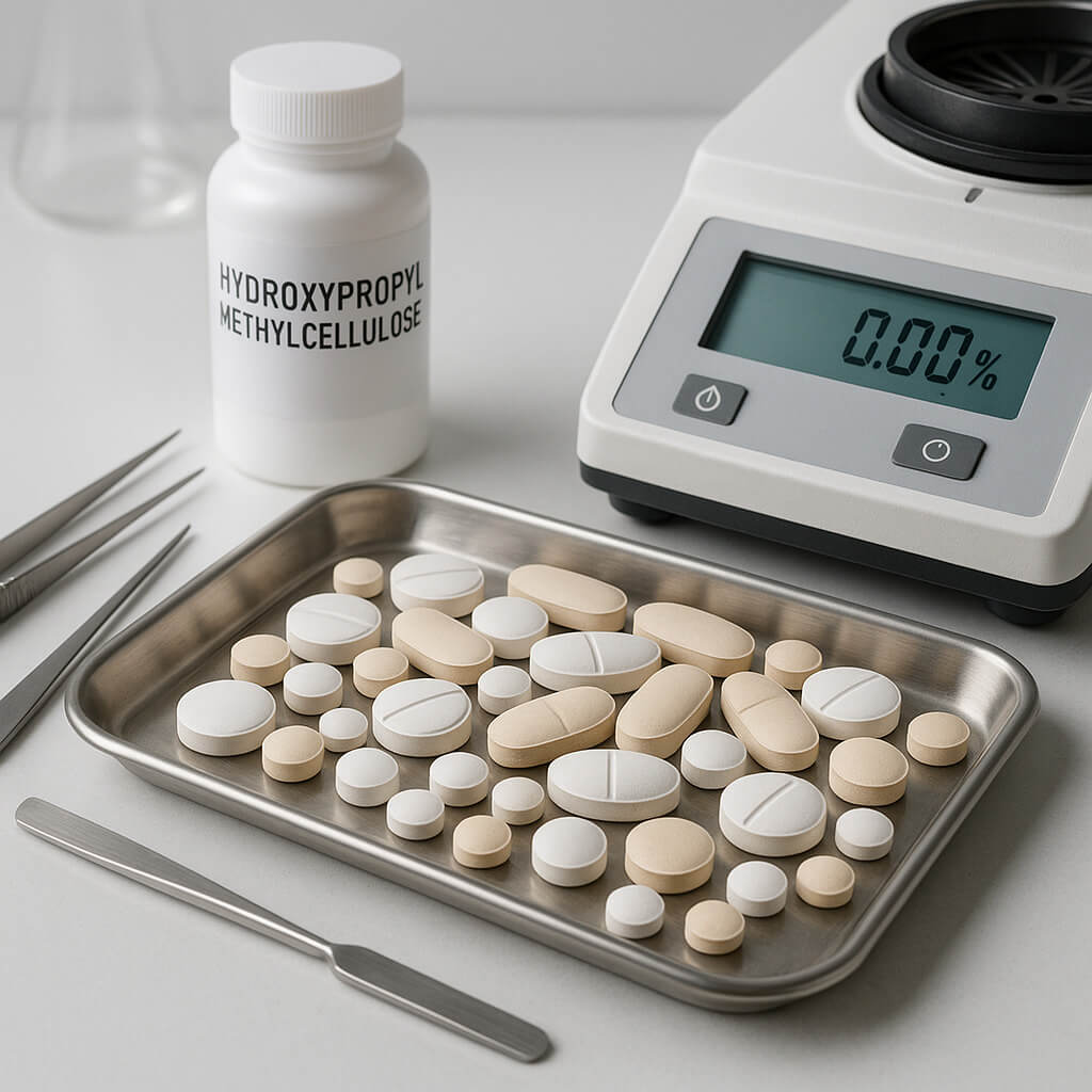 Compresse assortite a base di HPMC su un vassoio in acciaio inossidabile con strumenti da laboratorio e un analizzatore di umidità digitale in un laboratorio farmaceutico.