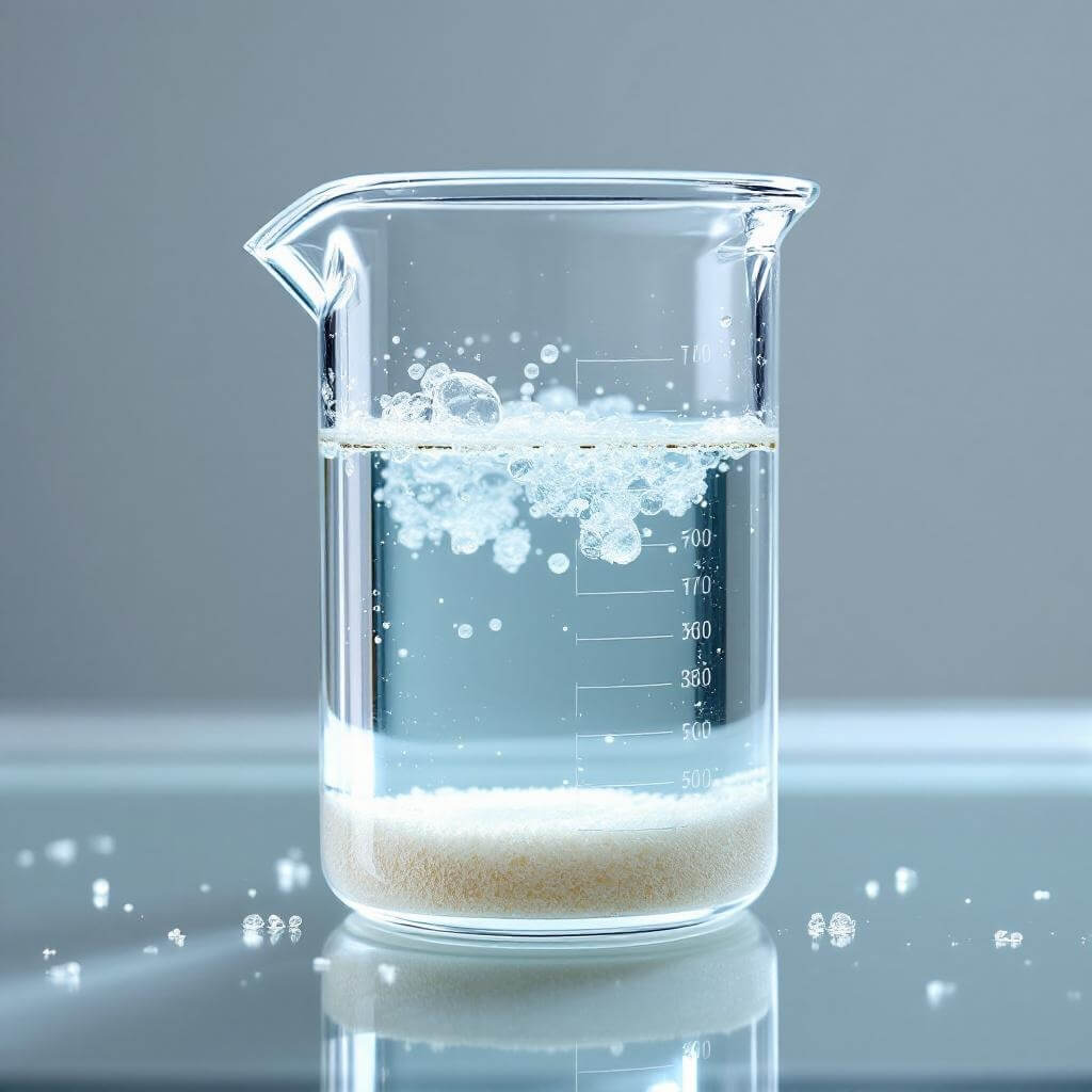Close-up of HPMC mixed in water inside a laboratory beaker, showing semi-gel consistency and high viscosity for industrial formulation testing.