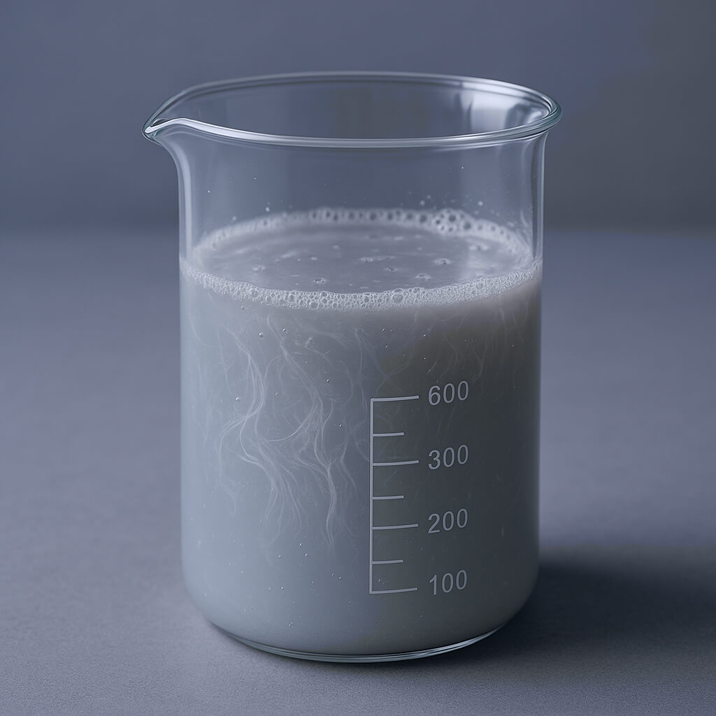 Close-up studio photo of a laboratory beaker with viscous tile adhesive showing uniform dispersion of Hydroxypropyl Methylcellulose (HPMC) on a neutral background