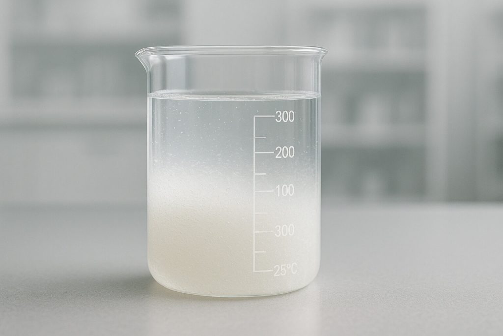 Wide-angle view of HPMC dissolving uniformly in water inside a beaker after magnetic stirring at 300 RPM, showing no clumping.