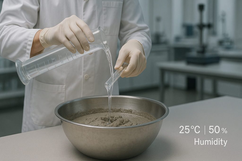 Lab technician pouring HPMC solution into a cement mix to demonstrate uniform dispersion and improved workability under controlled lab conditions.