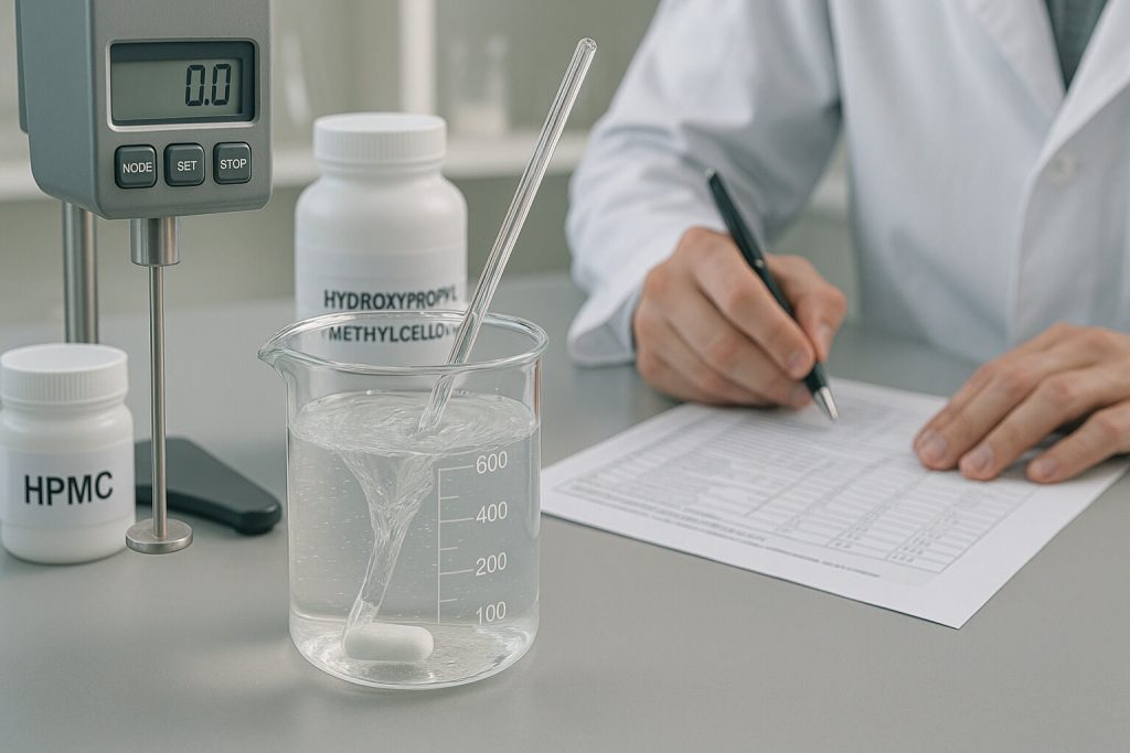Close-up view of a lab demonstration showing the gel-like viscosity of Hydroxypropyl Methylcellulose (HPMC) solution, with a beaker on a magnetic stirrer and a digital viscometer nearby.