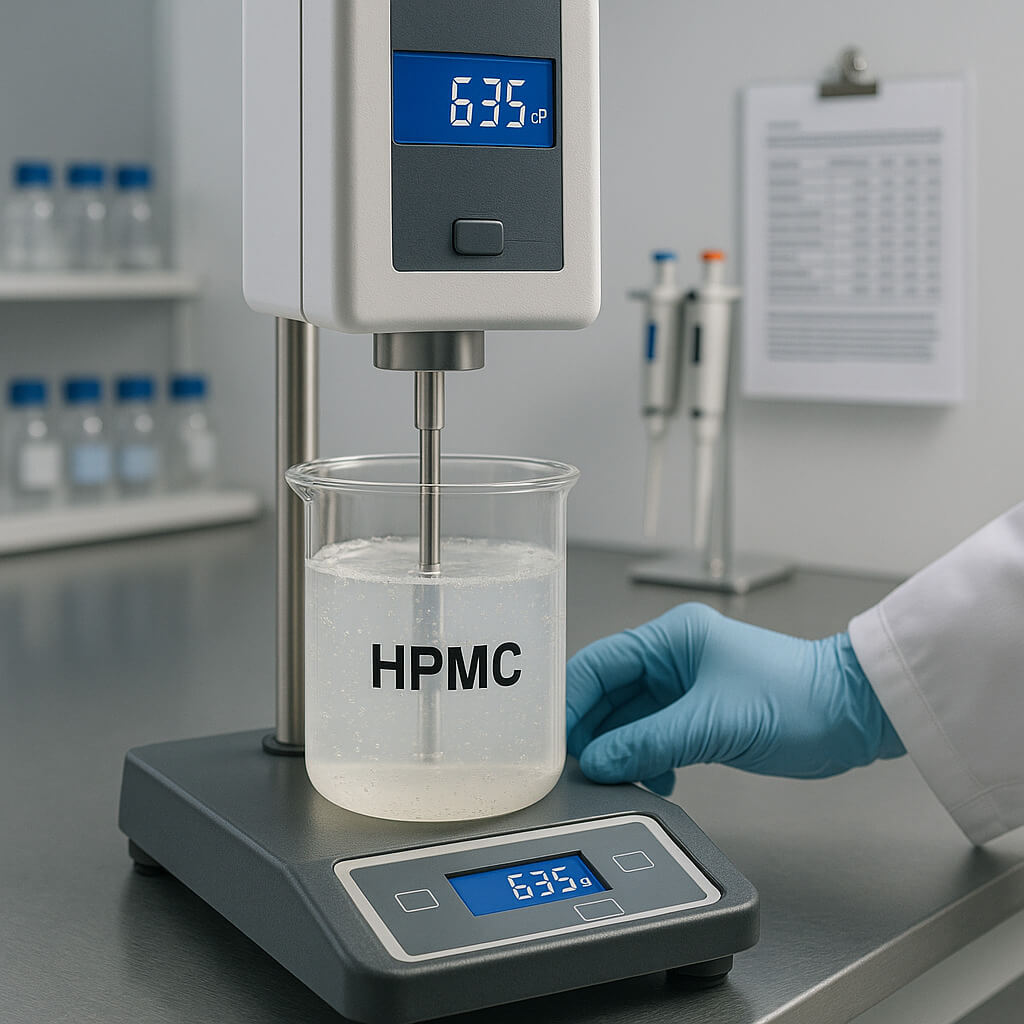 Ein Labortechniker misst die Viskosität einer HPMC-Lösung mit einem Rotationsviskosimeter in einer sauberen, modernen Laborumgebung. Eine mittelviskose Lösung ist in einem transparenten Becherglas zu sehen.