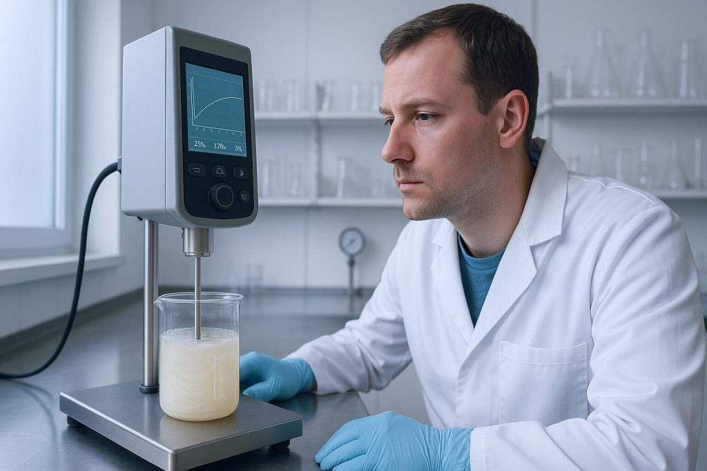 Wide-angle shot of a laboratory technician performing a viscosity test on HPMC solution using a rotational viscometer, showing natural eye focus and shear-thinning behavior under controlled lab conditions.