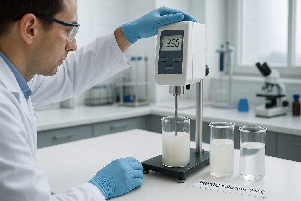 Lab technician measuring HPMC solution viscosity using a viscometer at 25 °C to demonstrate physical performance differences between grades.