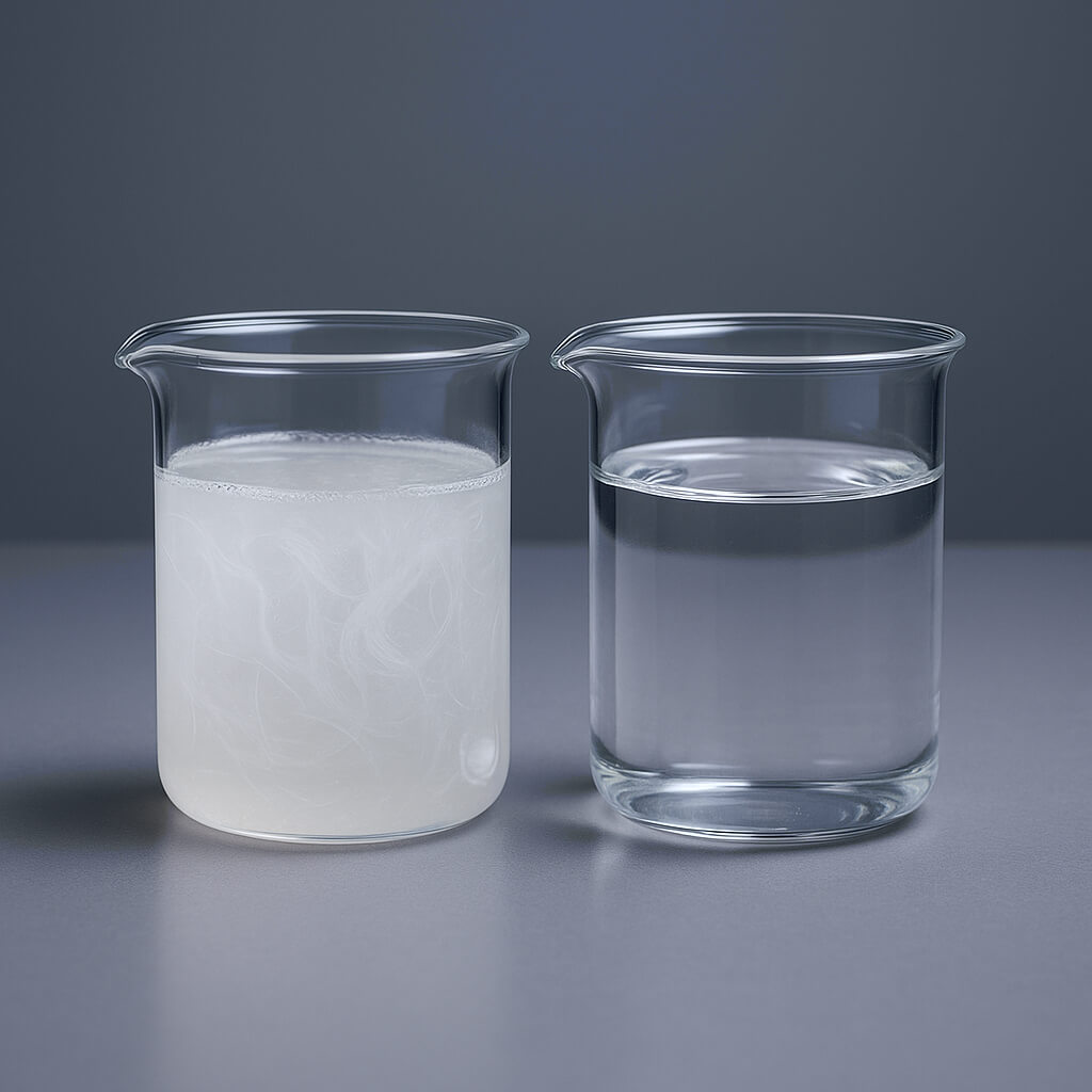 Side-by-side comparison of two clear laboratory beakers containing Hydroxypropyl Methylcellulose (HPMC) solution and Methylcellulose (MC) solution, both on a neutral gray lab bench under studio lighting, illustrating their visual differences for industrial applications.