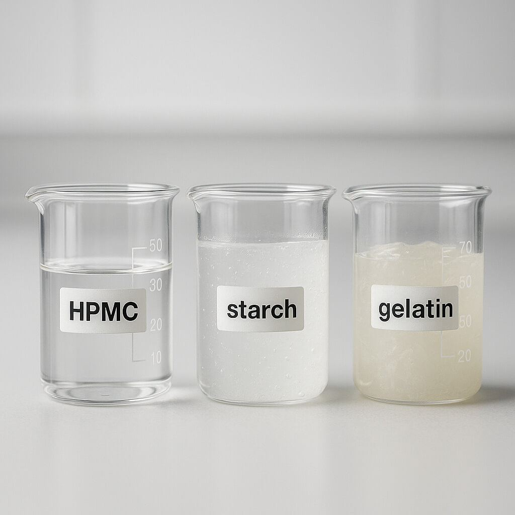 Vergleich von HPMC-, Stärke- und Gelatinebindemitteln in Laborbechern, der Unterschiede in Klarheit und Gelkonsistenz auf einem sauberen Labortisch zeigt.