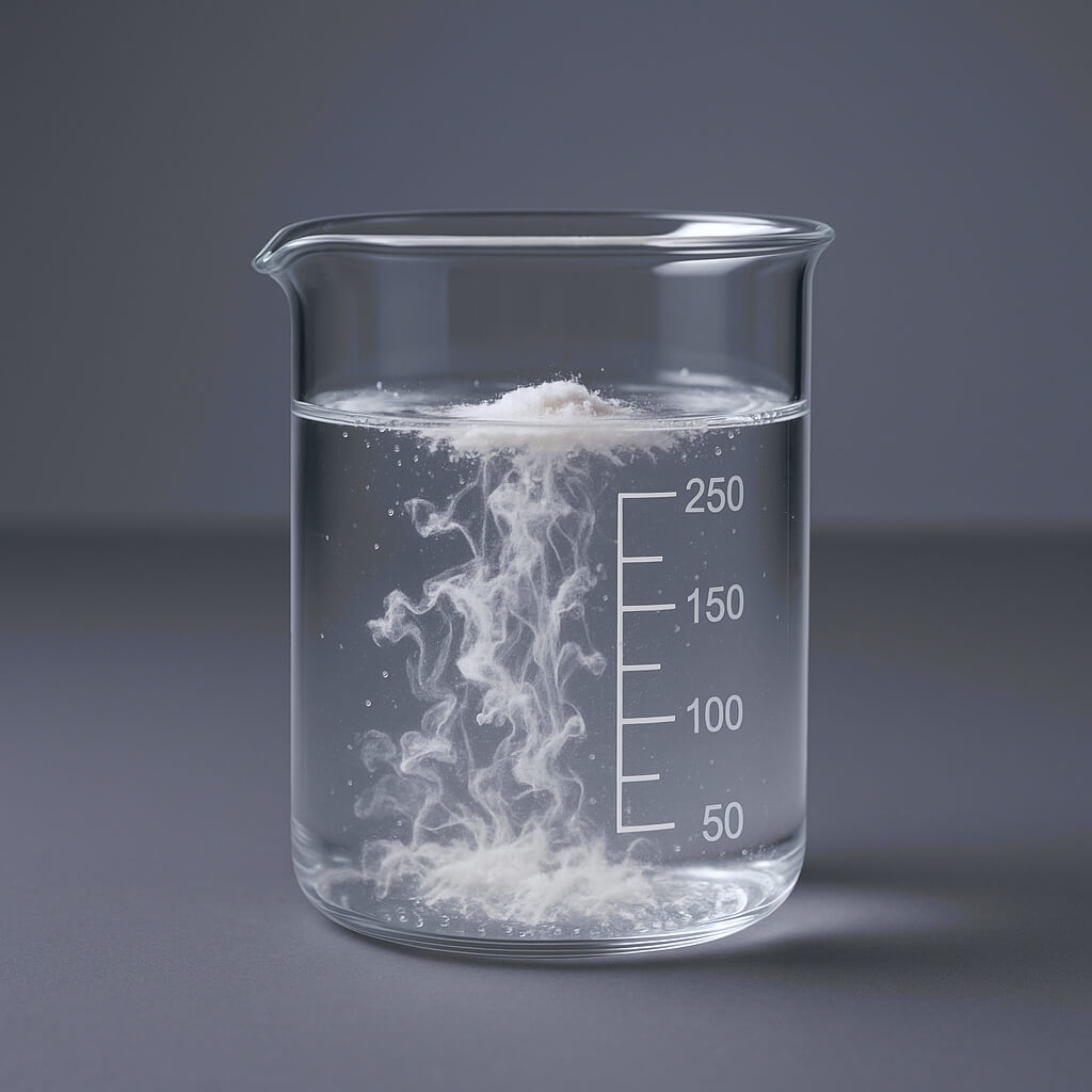 A laboratory beaker filled with water and HPMC powder partially dissolving, photographed in a professional studio setting on a neutral background with sharp, realistic detail.