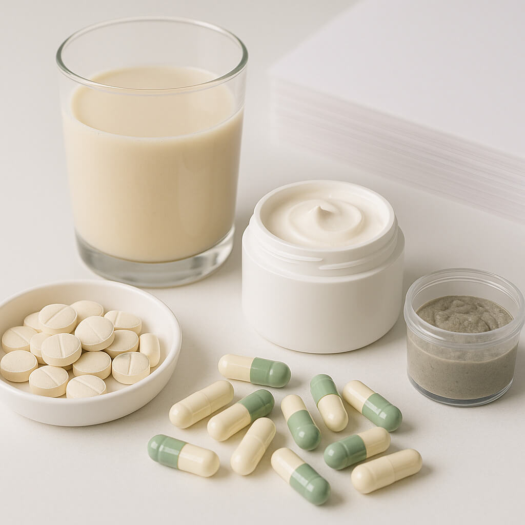 Varias aplicaciones industriales de hidroxipropilcelulosa (HPC), incluidas tabletas farmacéuticas, leche vegetal, crema cosmética, adhesivo para baldosas y papel impreso, mostradas en una superficie de laboratorio limpia.