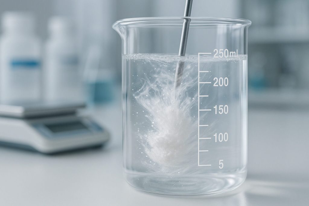 Close-up of Hydroxypropyl Cellulose (HPC) dispersing and dissolving in water inside a beaker in a professional laboratory setting, highlighting its solubility and viscosity-enhancing properties.