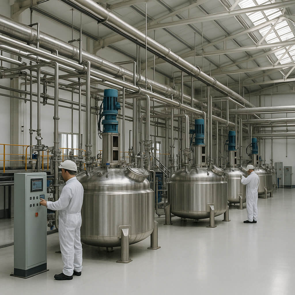 Interior de una moderna planta de fabricación china de hidroxipropilmetilcelulosa (HPMC) con equipos industriales y técnicos con ropa protectora.
